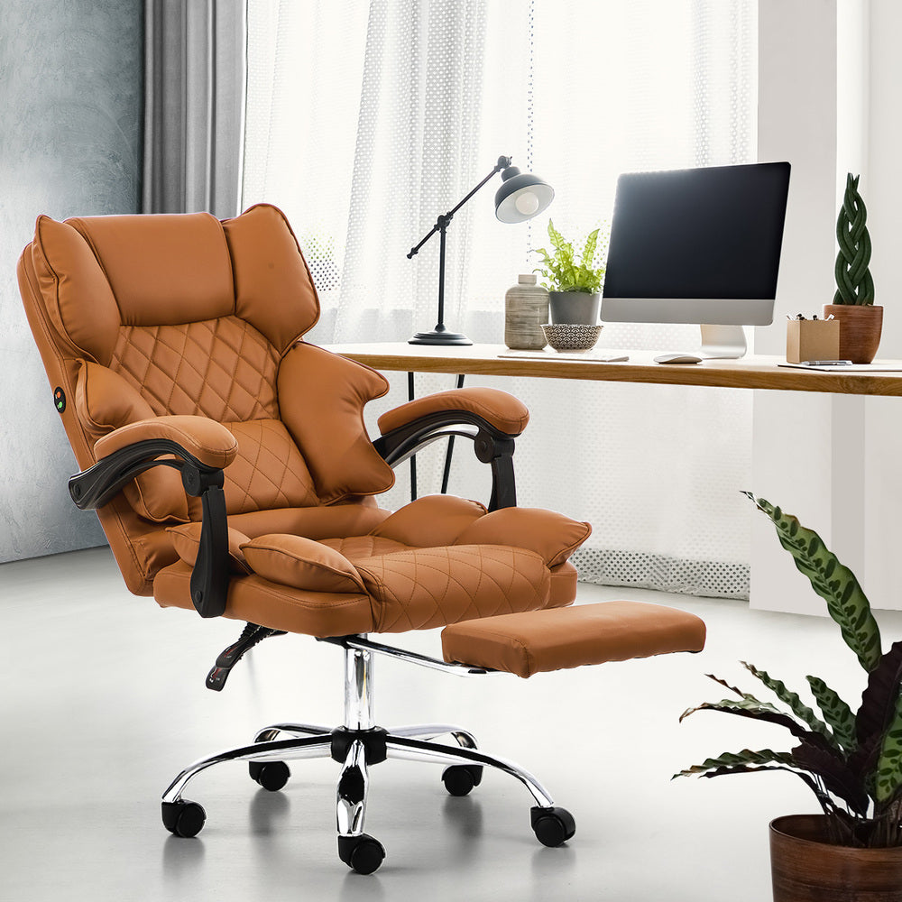 Oikiture Gaming Office Chair Massage PU Leather Adjustable Brown