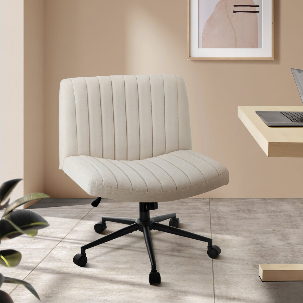 Oikiture Mid Back Office Chair Wide Seat with Wheels Linen Beige