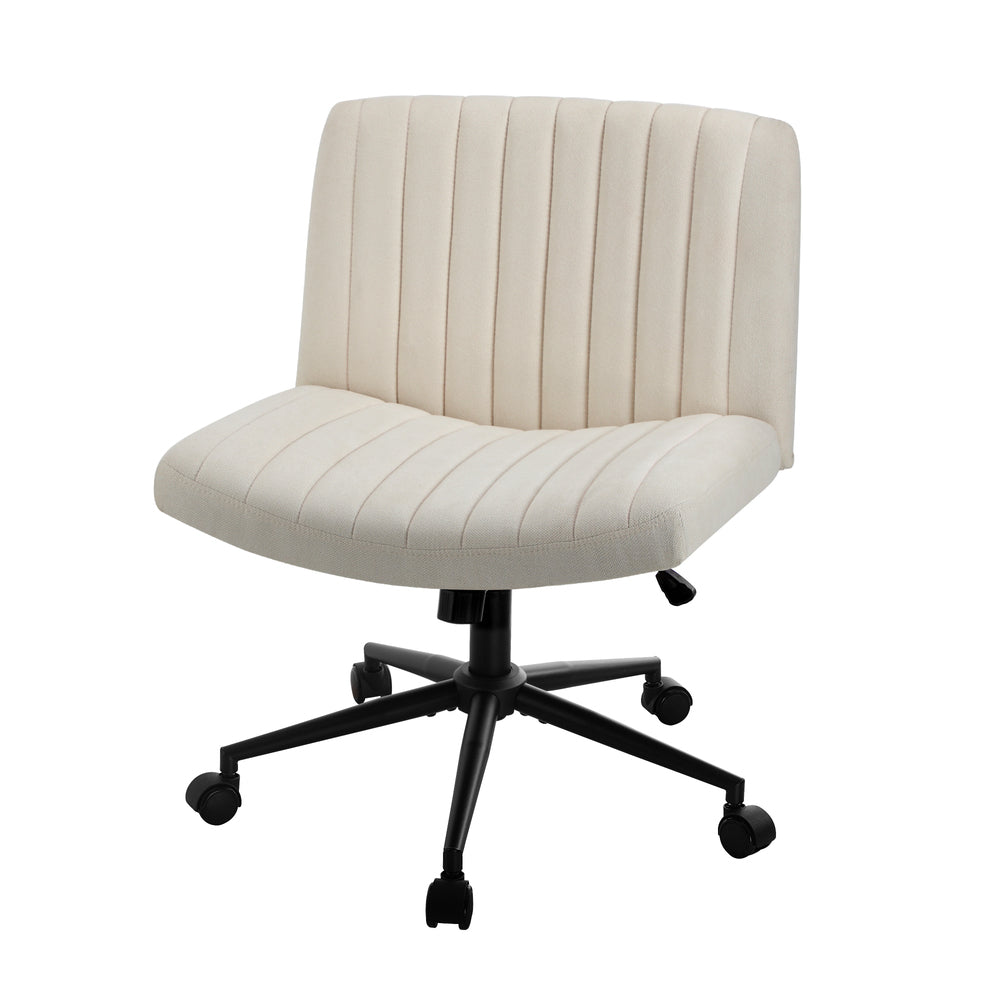 Oikiture Mid Back Office Chair Wide Seat with Wheels Linen Beige