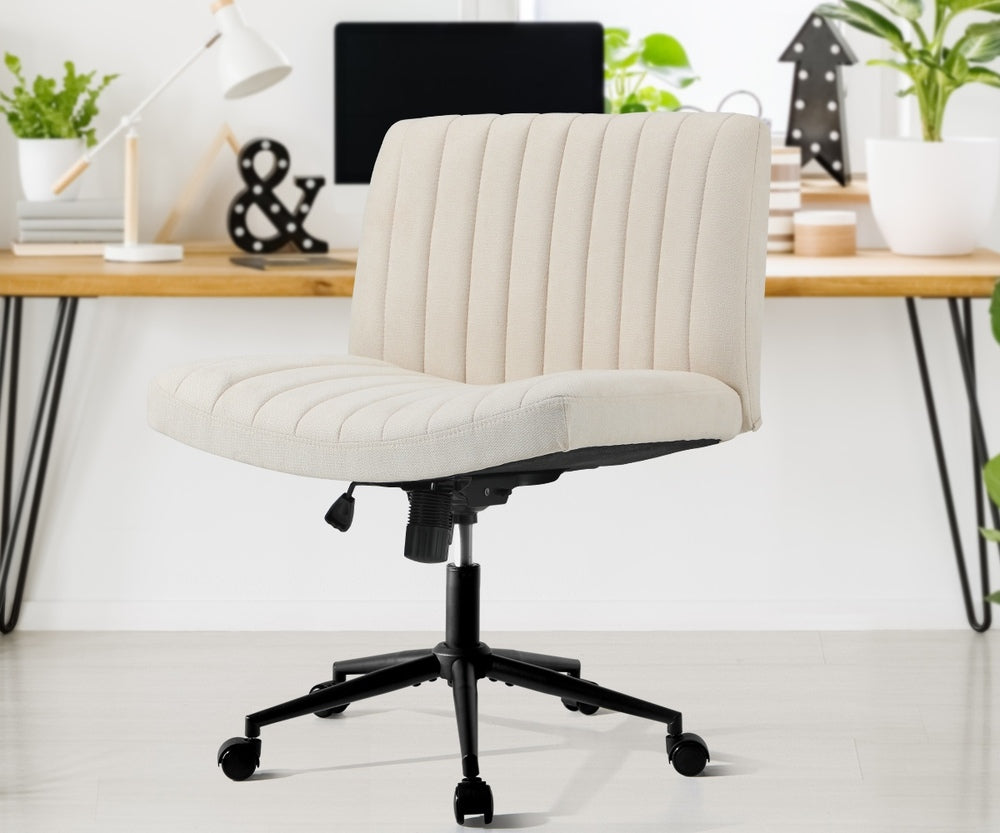 Oikiture Mid Back Office Chair Wide Seat with Wheels Linen Beige