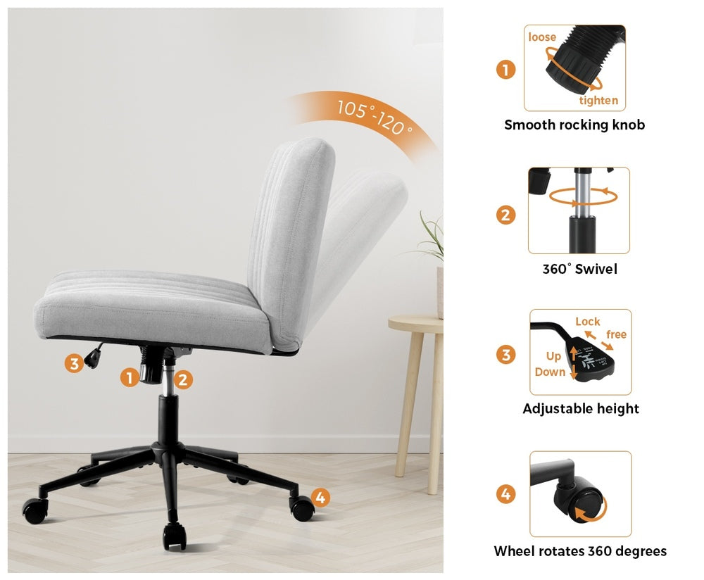 Oikiture Mid Back Office Chair Wide Seat with Wheels Linen Grey