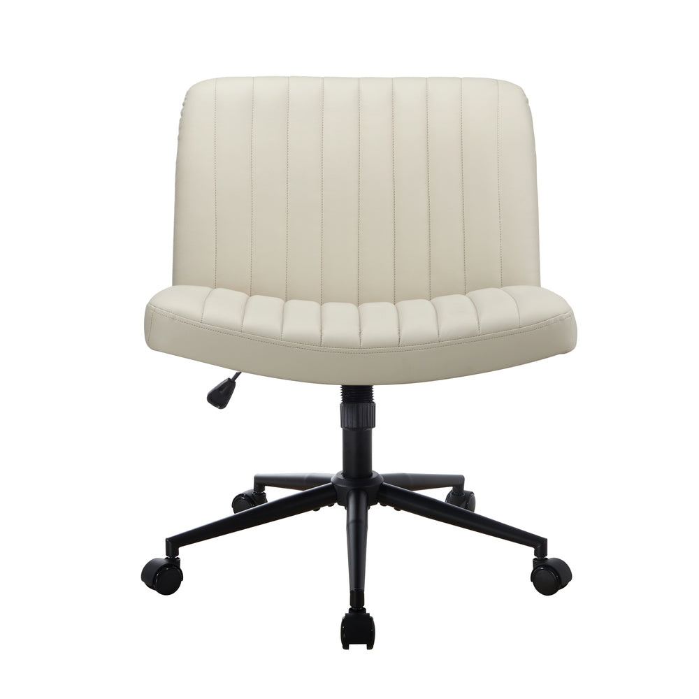Oikiture Mid Back Office Chair Wide Seat with Wheels Leather Beige