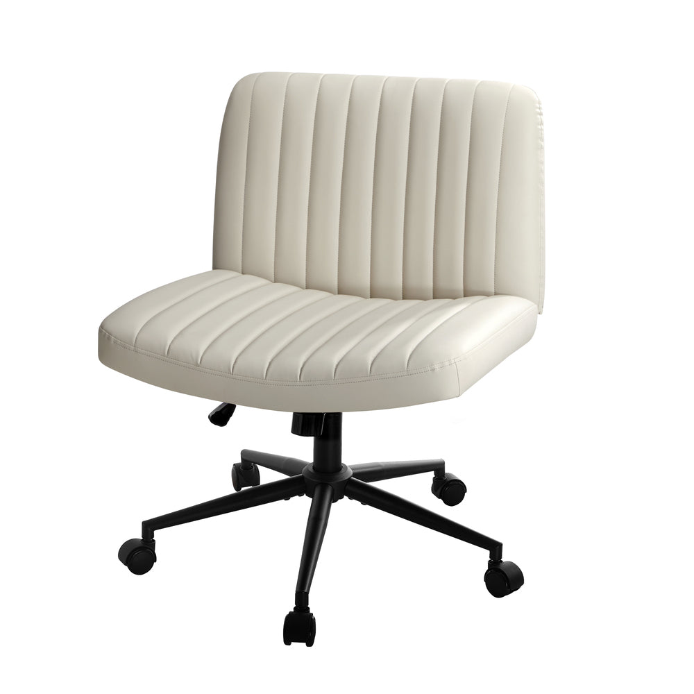Oikiture Mid Back Office Chair Wide Seat with Wheels Leather Beige