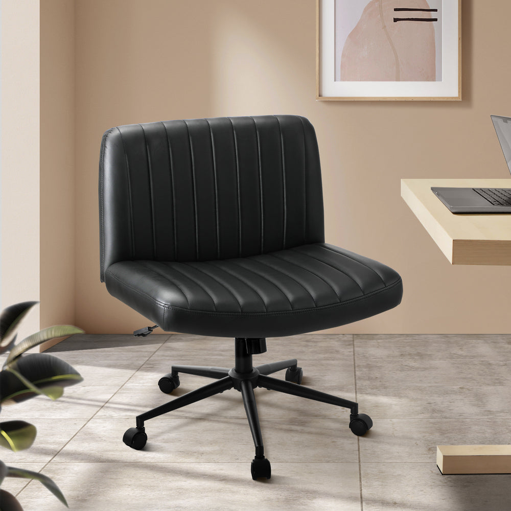 Oikiture Mid Back Office Chair Wide Seat with Wheels Leather Black