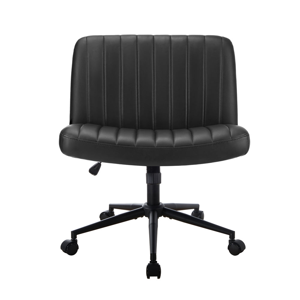 Oikiture Mid Back Office Chair Wide Seat with Wheels Leather Black
