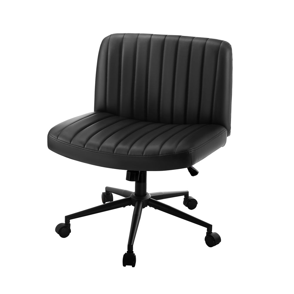 Oikiture Mid Back Office Chair Wide Seat with Wheels Leather Black