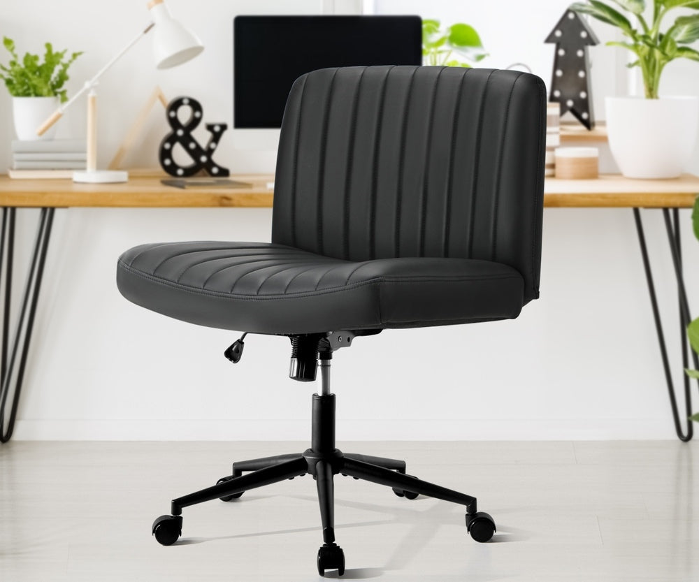 Oikiture Mid Back Office Chair Wide Seat with Wheels Leather Black
