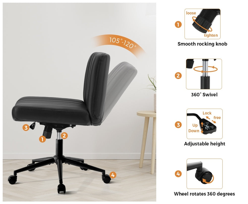 Oikiture Mid Back Office Chair Wide Seat with Wheels Leather Black