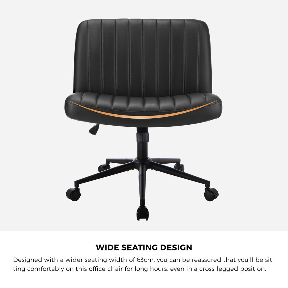 Oikiture Mid Back Office Chair Wide Seat with Wheels Leather Black