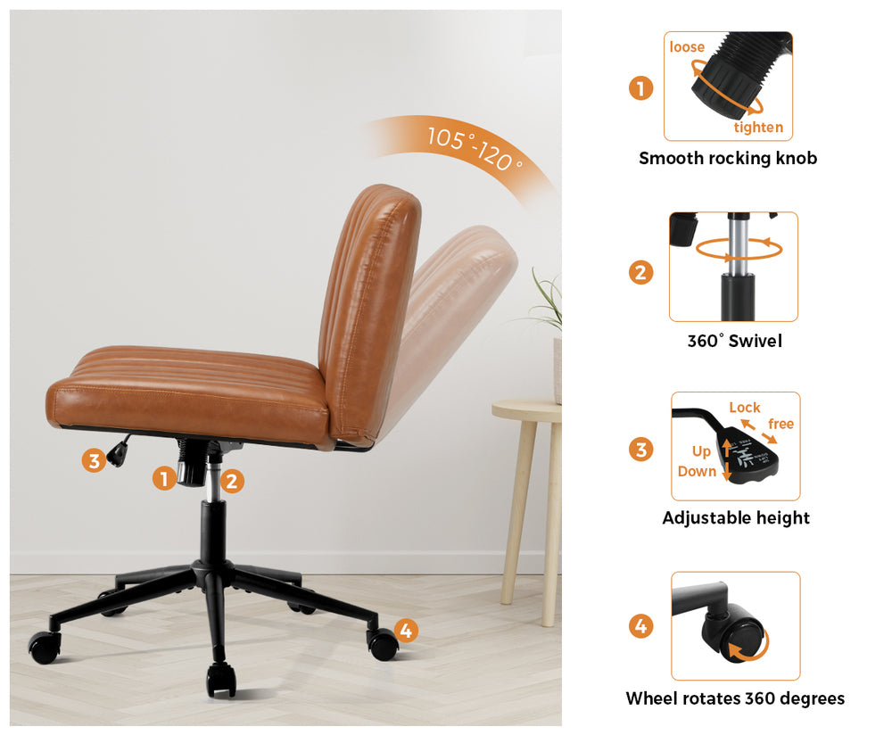 Oikiture Mid Back Office Chair Wide Seat with Wheels Leather Brown