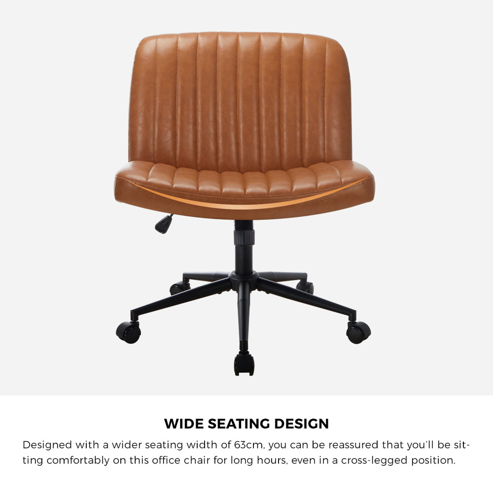 Oikiture Mid Back Office Chair Wide Seat with Wheels Leather Brown