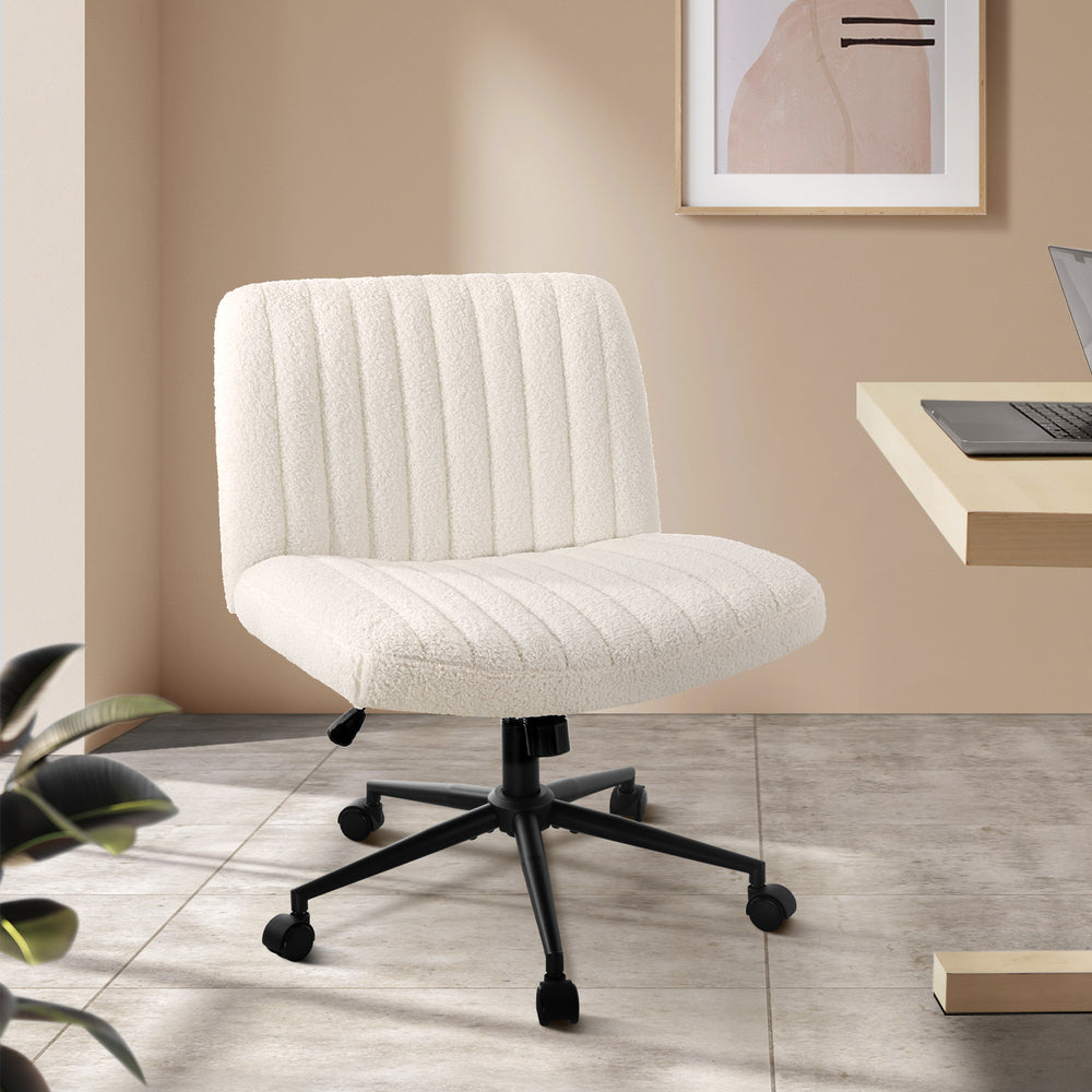 Oikiture Mid Back Office Chair Wide Seat with Wheels Sherpa White