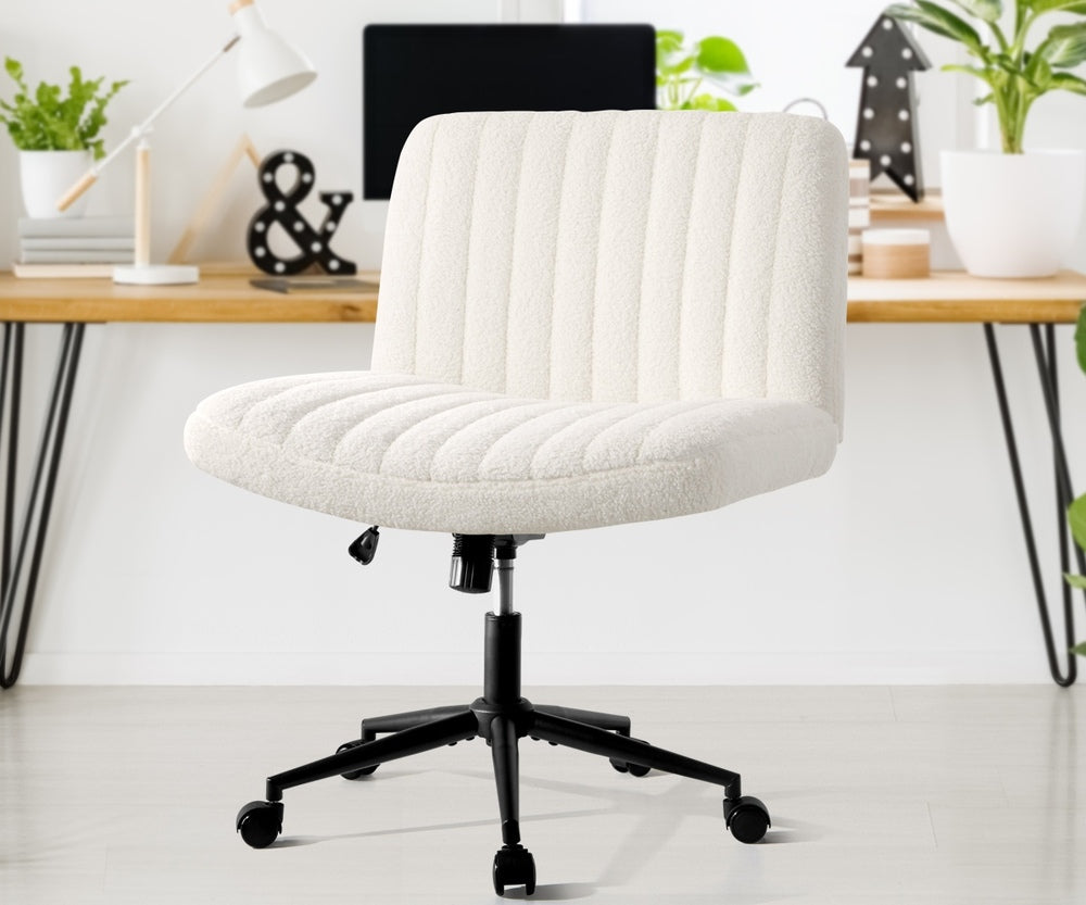 Oikiture Mid Back Office Chair Wide Seat with Wheels Sherpa White