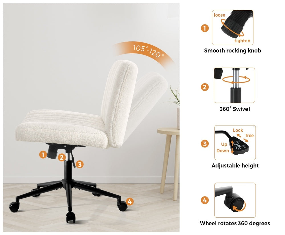 Oikiture Mid Back Office Chair Wide Seat with Wheels Sherpa White