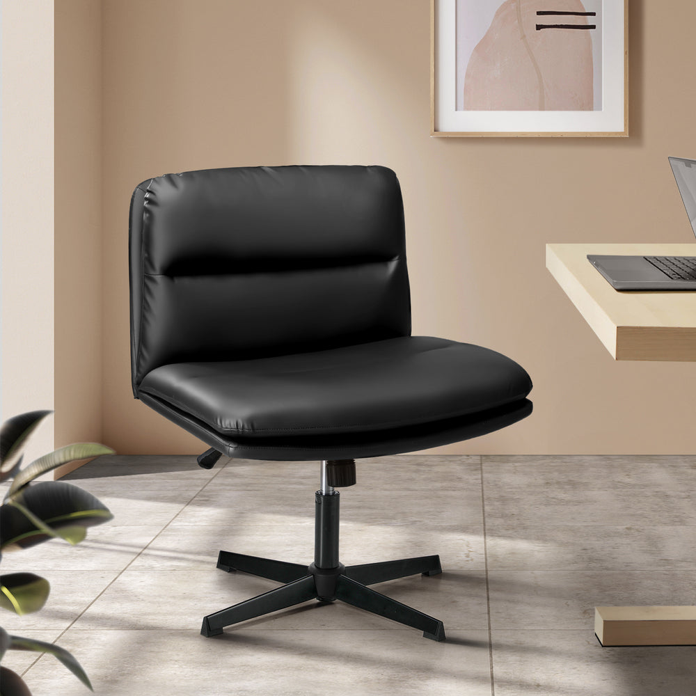 Oikiture Mid Back Armless Office Chair Wide Seat Leather Black