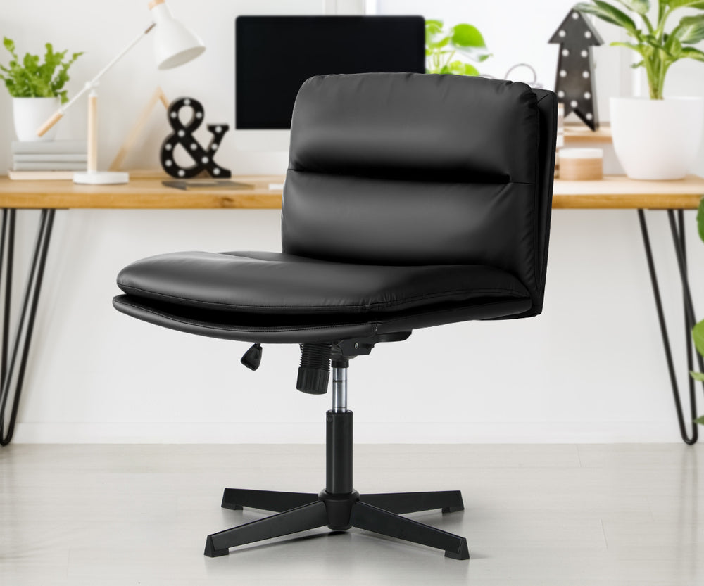 Oikiture Mid Back Armless Office Chair Wide Seat Leather Black