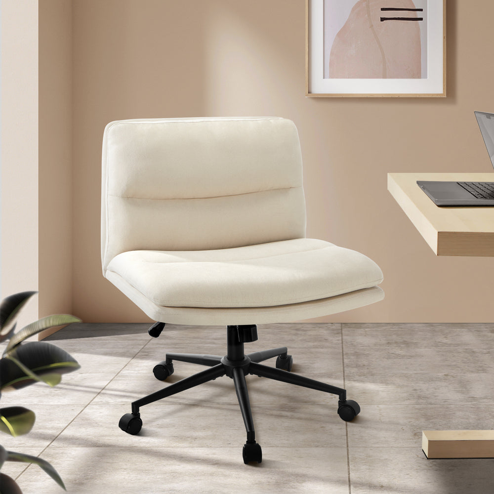 Oikiture Mid Back Office Chair Wide Seat Linen Beige with Wheels