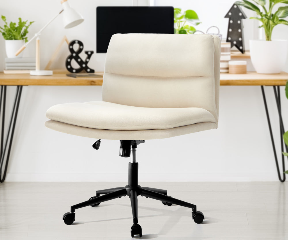 Oikiture Mid Back Office Chair Wide Seat Linen Beige with Wheels