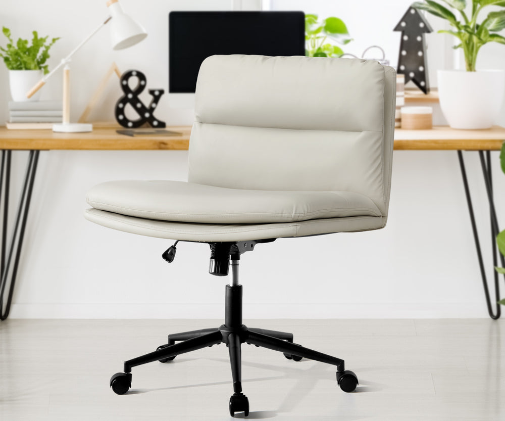 Oikiture Mid Back Office Chair Wide Seat Leather Beige with Wheels