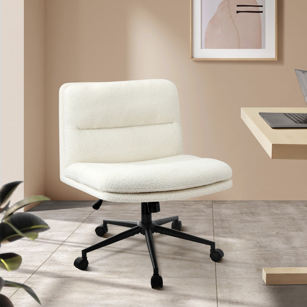 Oikiture Armless Office Chair Wide Seat Boucle White with Wheels