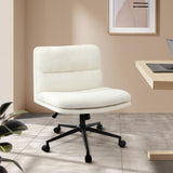 Oikiture Armless Office Chair Wide Seat Boucle White with Wheels - Rear View