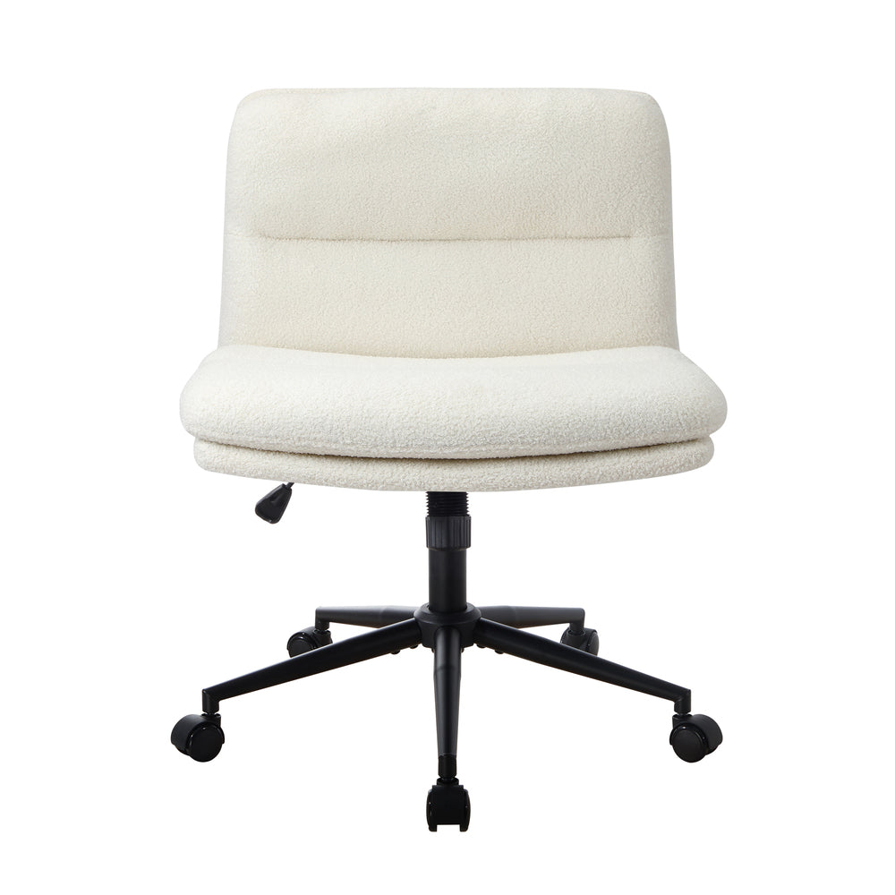 Oikiture Armless Office Chair Wide Seat Boucle White with Wheels