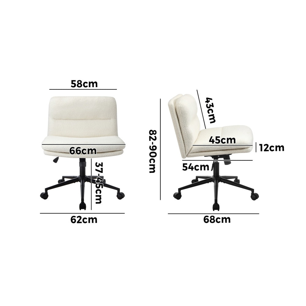 Oikiture Armless Office Chair Wide Seat Boucle White with Wheels