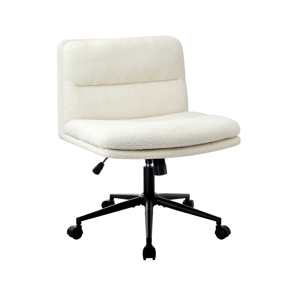 Oikiture Armless Office Chair Wide Seat Boucle White with Wheels