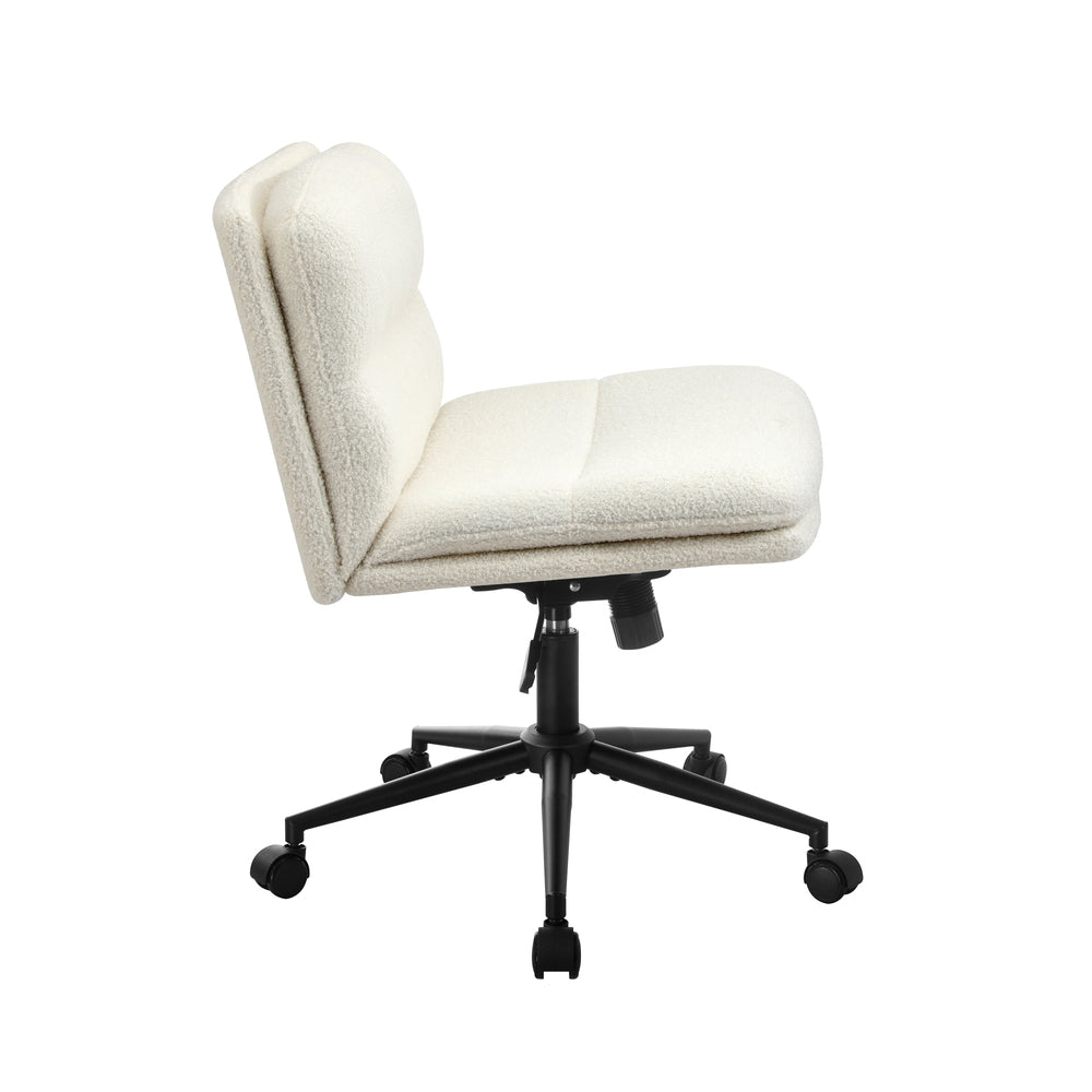Oikiture Armless Office Chair Wide Seat Boucle White with Wheels