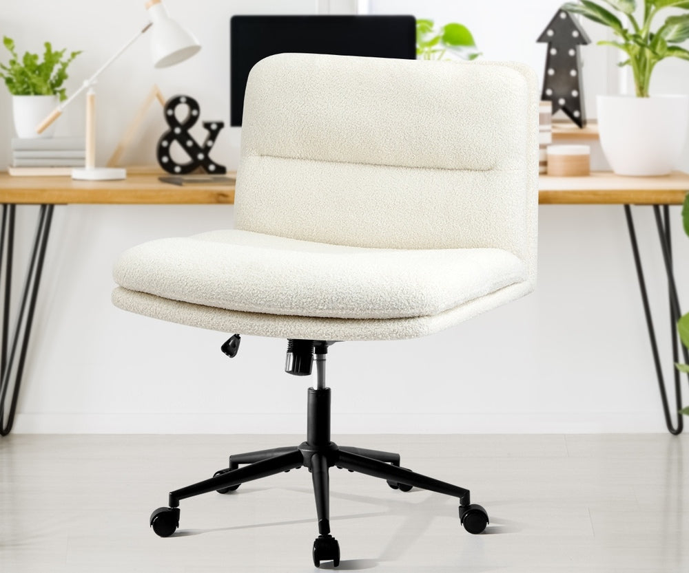 Oikiture Armless Office Chair Wide Seat Boucle White with Wheels