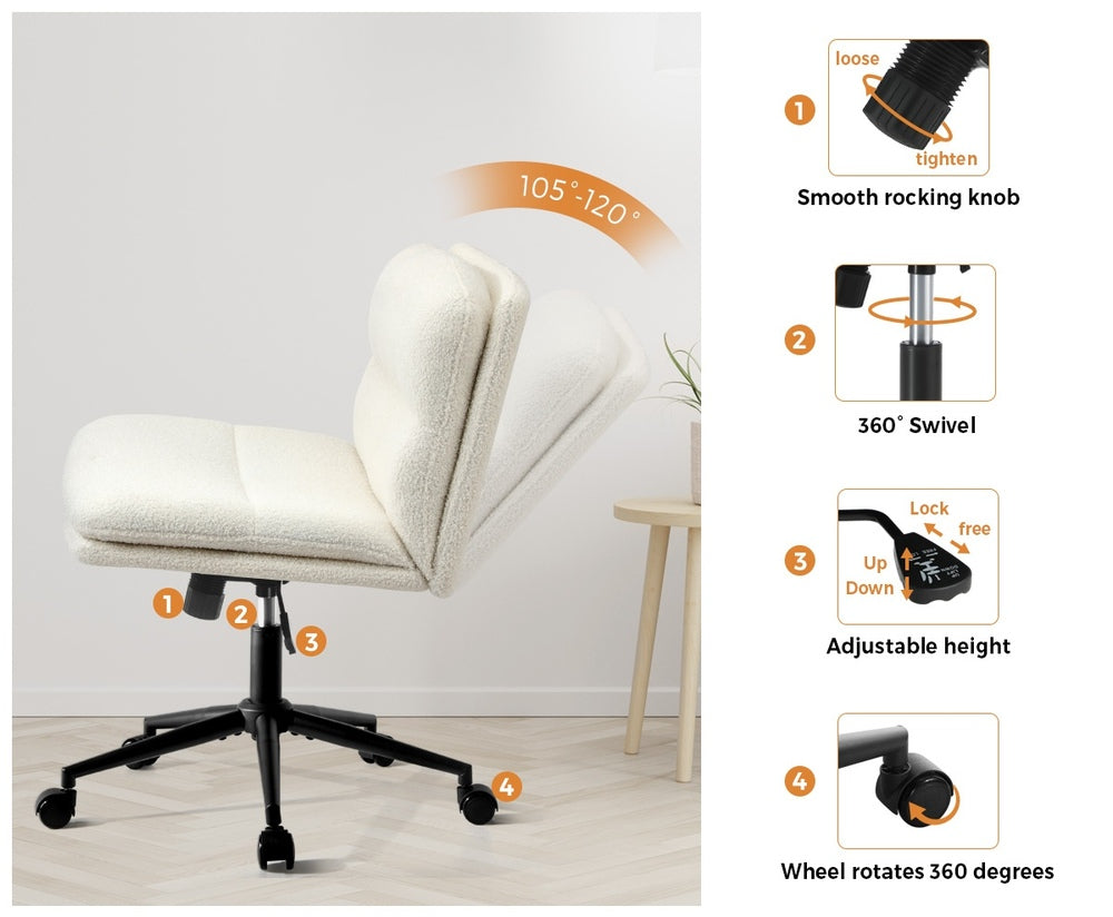Oikiture Armless Office Chair Wide Seat Boucle White with Wheels