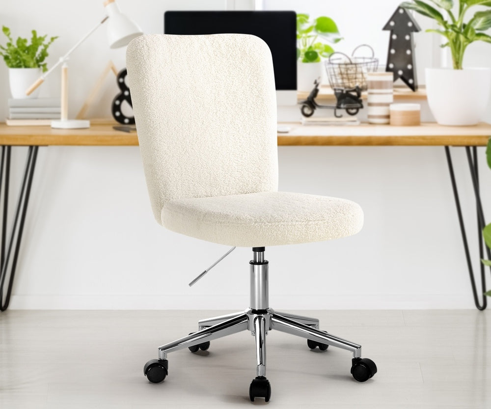 Oikiture High Back Armless Office Chair Boucle White&Silver