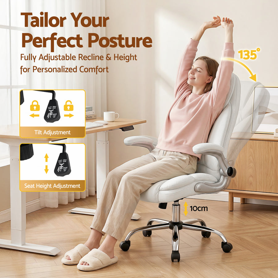 Artiss Kea white PU leather executive office chair with high back and chrome base, chrome base