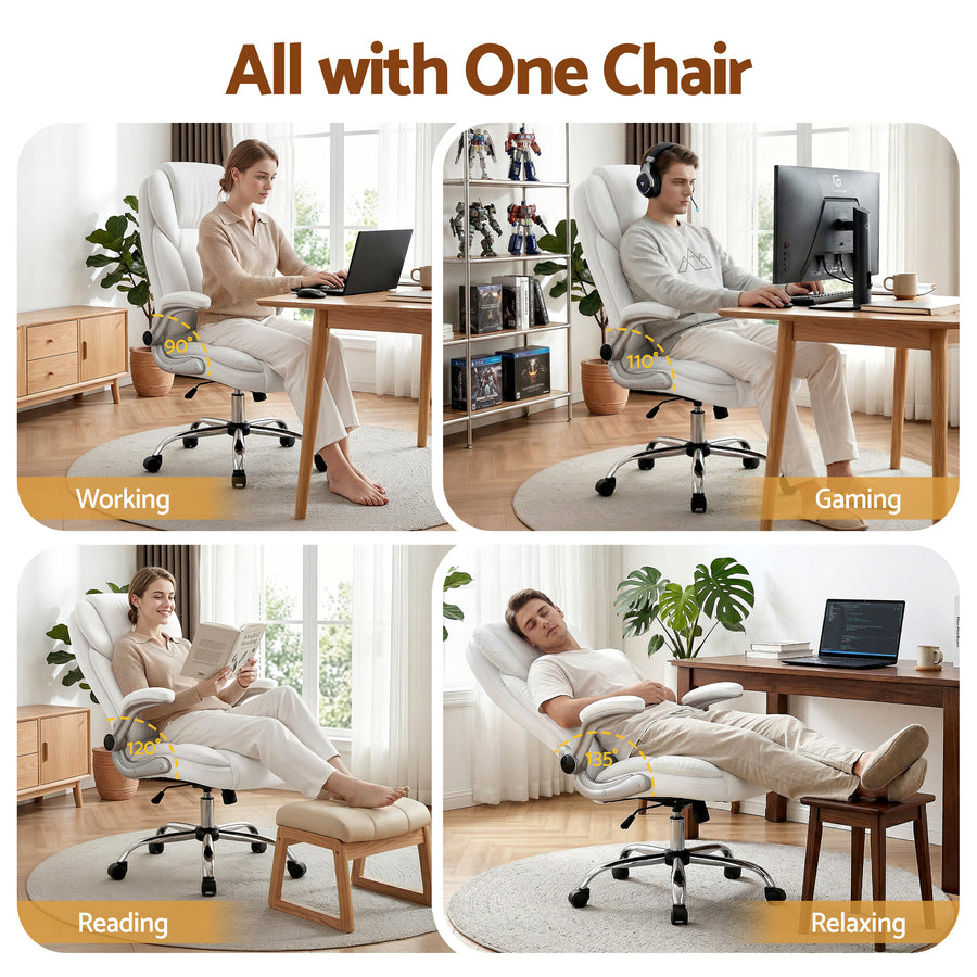 Artiss Kea white PU leather executive office chair with high back and chrome base, built-in lumbar support