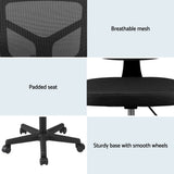 Artiss Armless Office Chair with Wheels, Ergonomic 360° Swivel Home Office Desk Chair, Height Adjustable Computer Task Chair with Fabric Back and Seat for Small Space, Black - Rear View