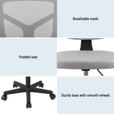 Artiss Armless Office Chair with Wheels, Ergonomic 360° Swivel Home Office Desk Chair, Height Adjustable Computer Task Chair with Fabric Back and Seat for Small Space, Grey