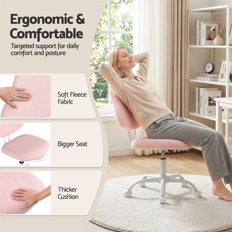 Artiss Armless Office Chair Ergonomic Soft Fleece Height Adjustable Vanity Desk Chair Pink, image 6