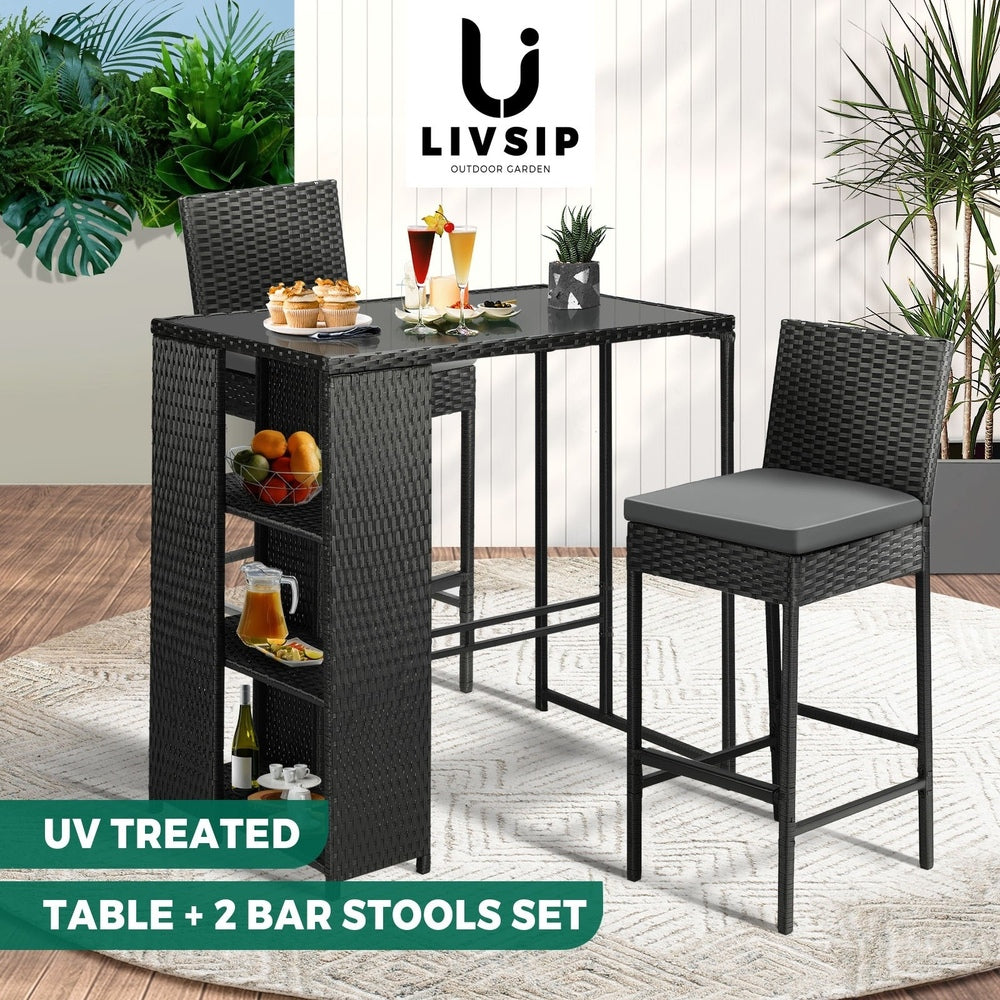Livsip Outdoor Bar Table Stools Set Rattan 3 Piece