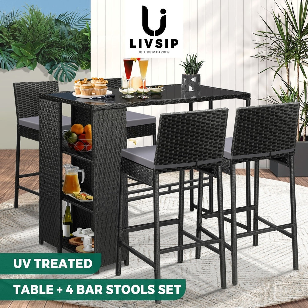 Livsip Outdoor Bar Table Stools Set Rattan 5 Piece