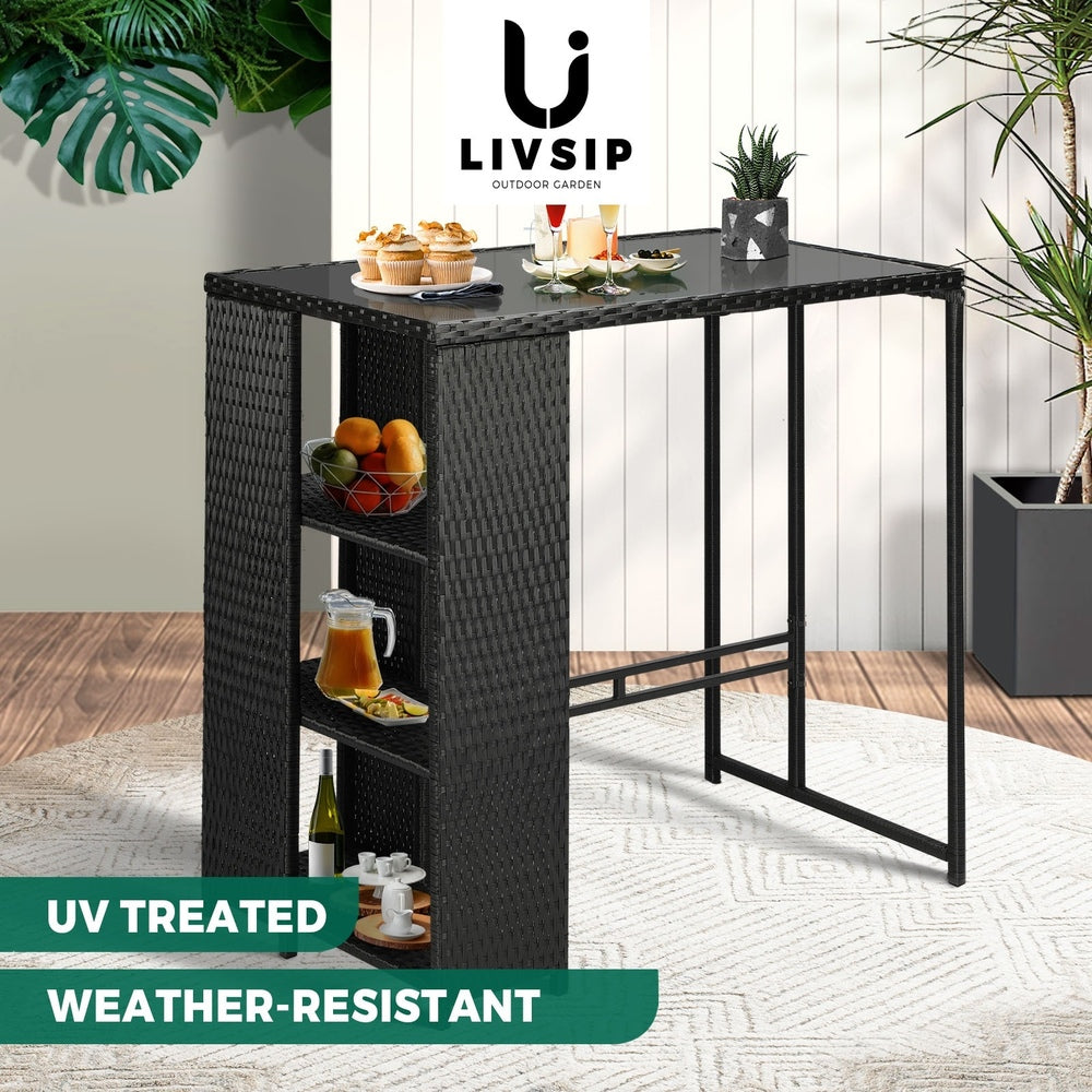 Livsip Rattan Outdoor Bar Table Glass Top Steel Frame