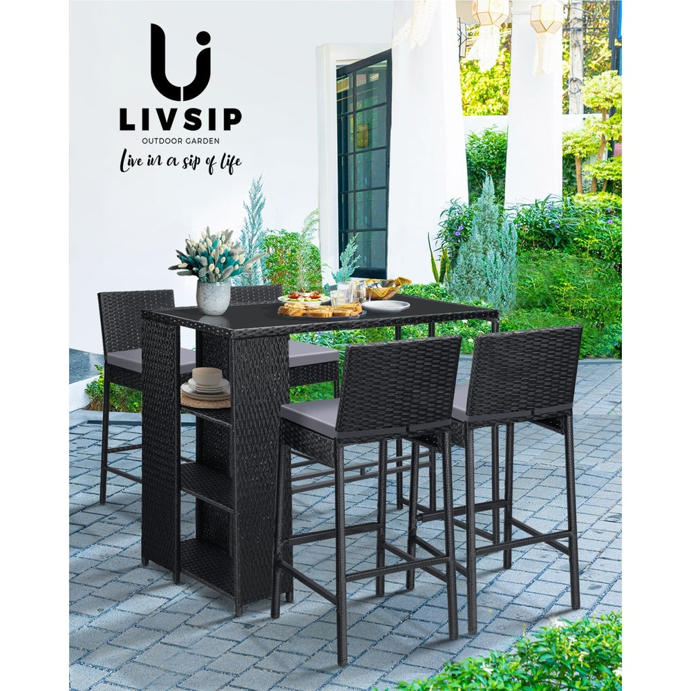 Livsip Rattan Outdoor Bar Table Glass Top Steel Frame