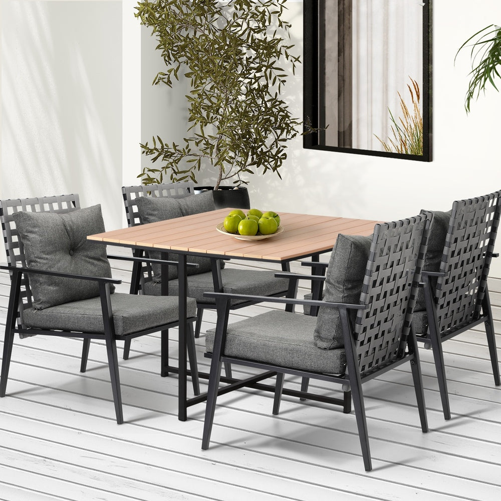 Livsip 5PCS Outdoor Dining Set Wood-plastic Table and Rattan Chairs