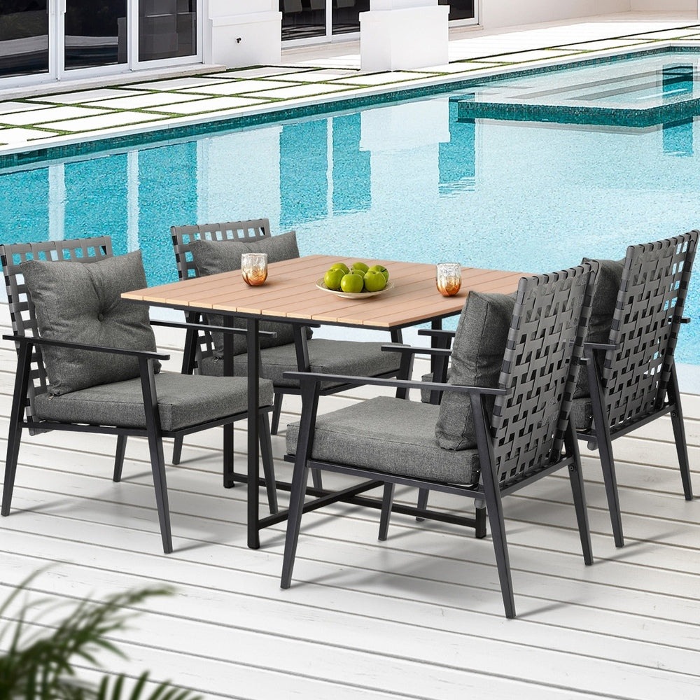 Livsip 5PCS Outdoor Dining Set Wood-plastic Table and Rattan Chairs