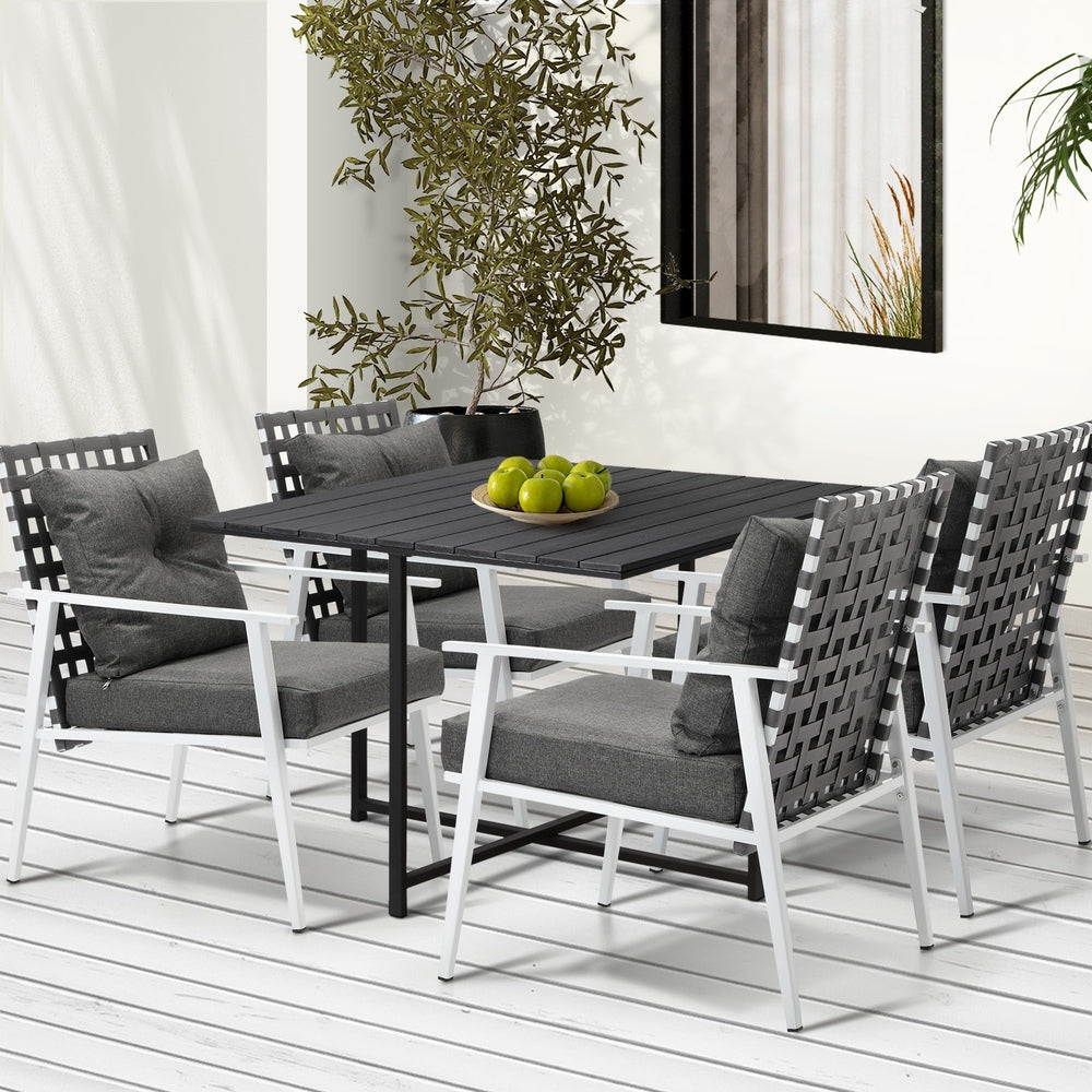 Livsip Outdoor Dining Set Balck Table Rattan White Chairs 5PC