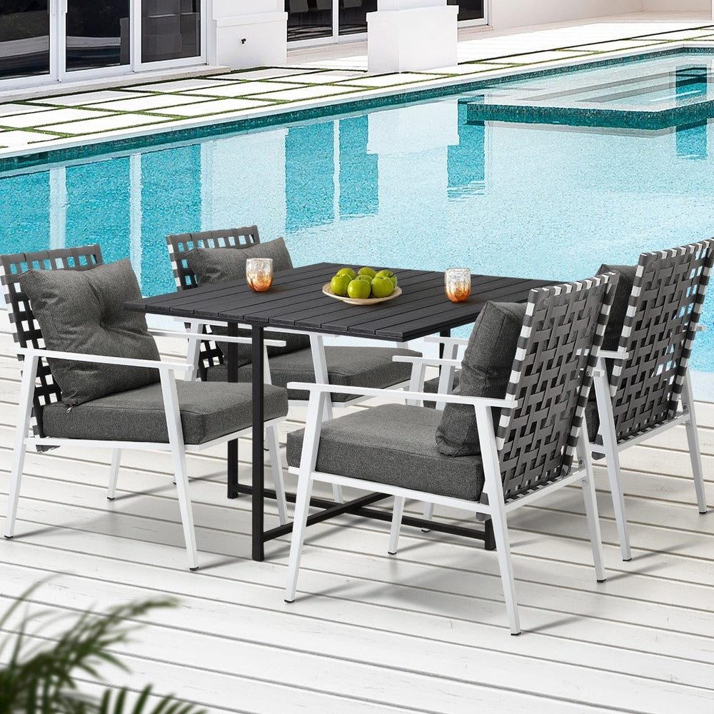 Livsip Outdoor Dining Set Balck Table Rattan White Chairs 5PC