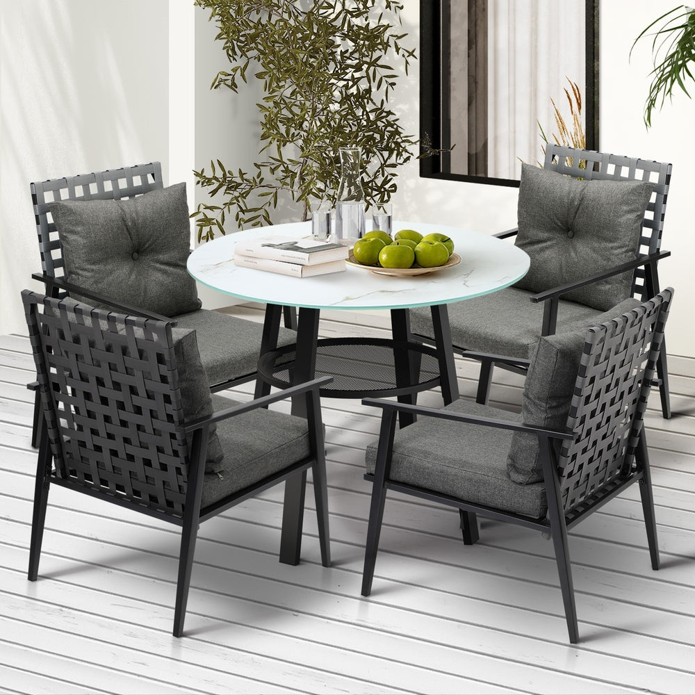Livsip Outdoor Dining Set 4 Seater Rattan Armchair Glass Table