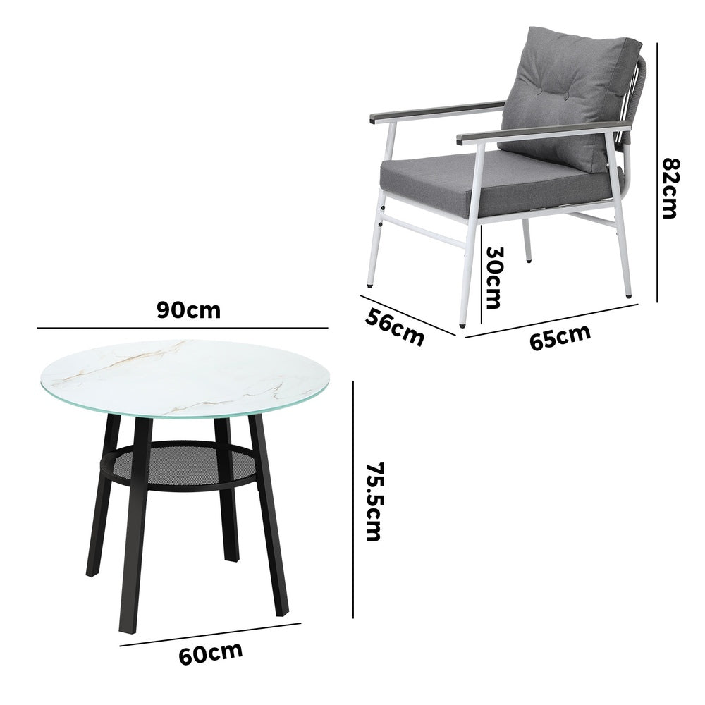 Livsip Outdoor Dining Set 2 Seater Marble Tempered Glass Table