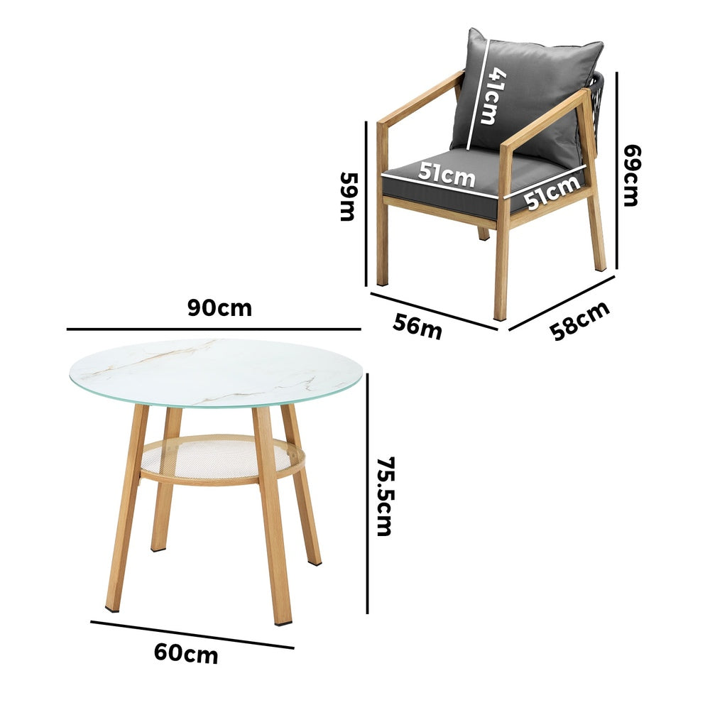 Livsip 3PCS Outdoor Dining Set 90cm Table Lounge Chairs