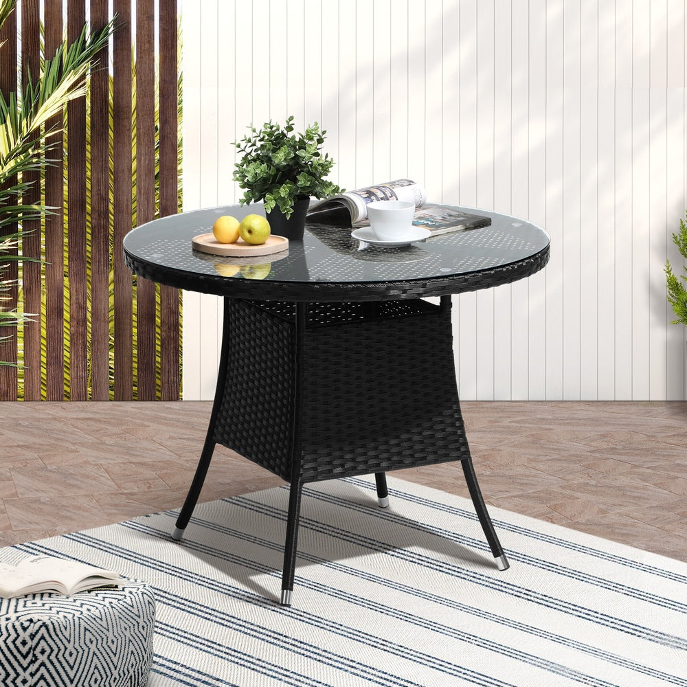 Livsip Outdoor Dining Table 90CM Glass Tabletop Black Rattan