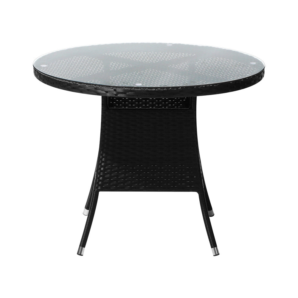 Livsip Outdoor Dining Table 90CM Glass Tabletop Black Rattan